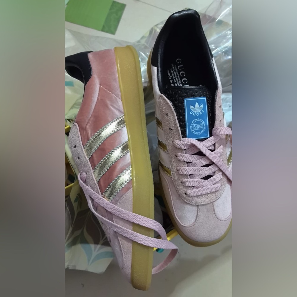 Gucci Adidas Women's Pink Suede Sneakers with Gold Stripes